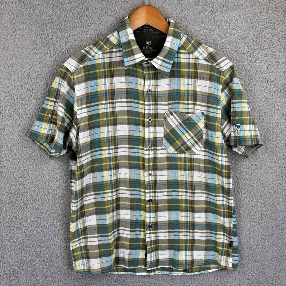 Kuhl Shirt Mens Medium Green Plaid Cotton Lightweight Outdoor Short Sleeve